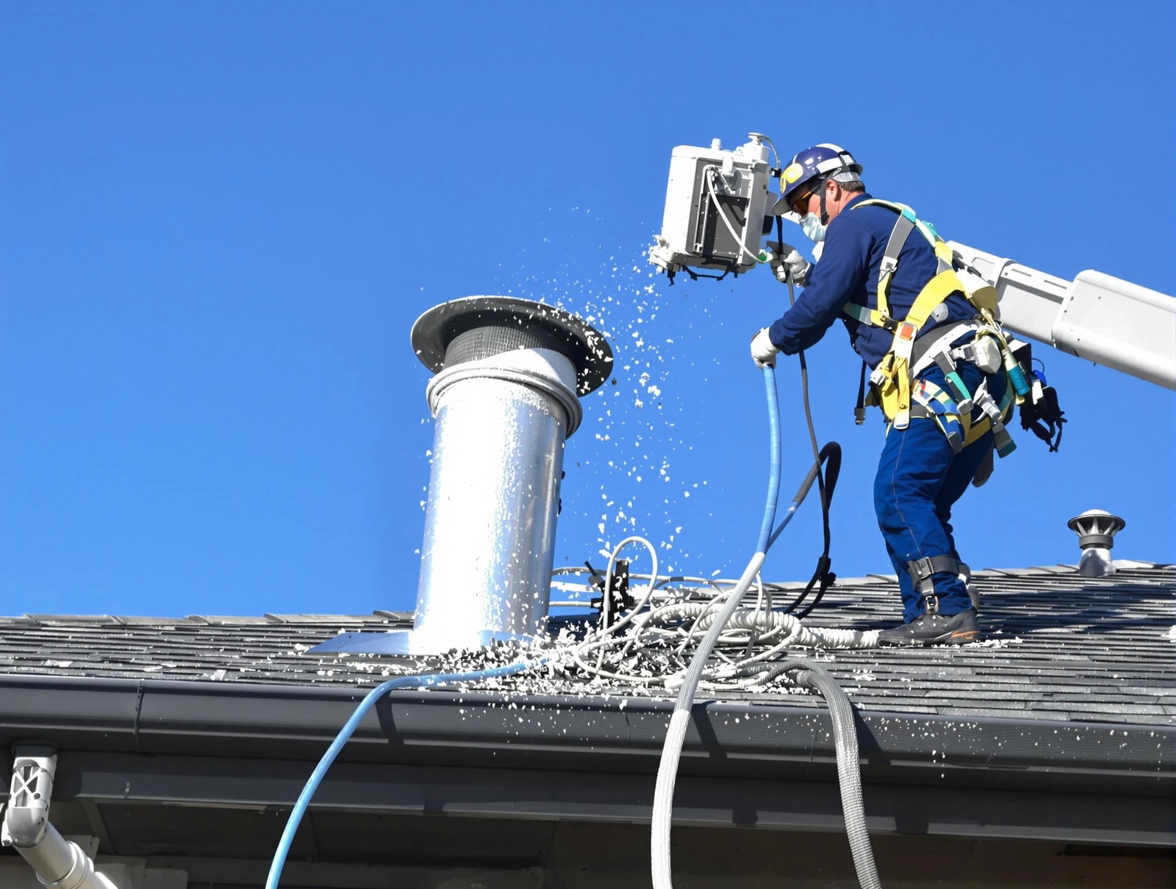 Warr Acres Dryer Vent Cleaning certified technician safely cleaning a roof-mounted dryer vent in Warr Acres