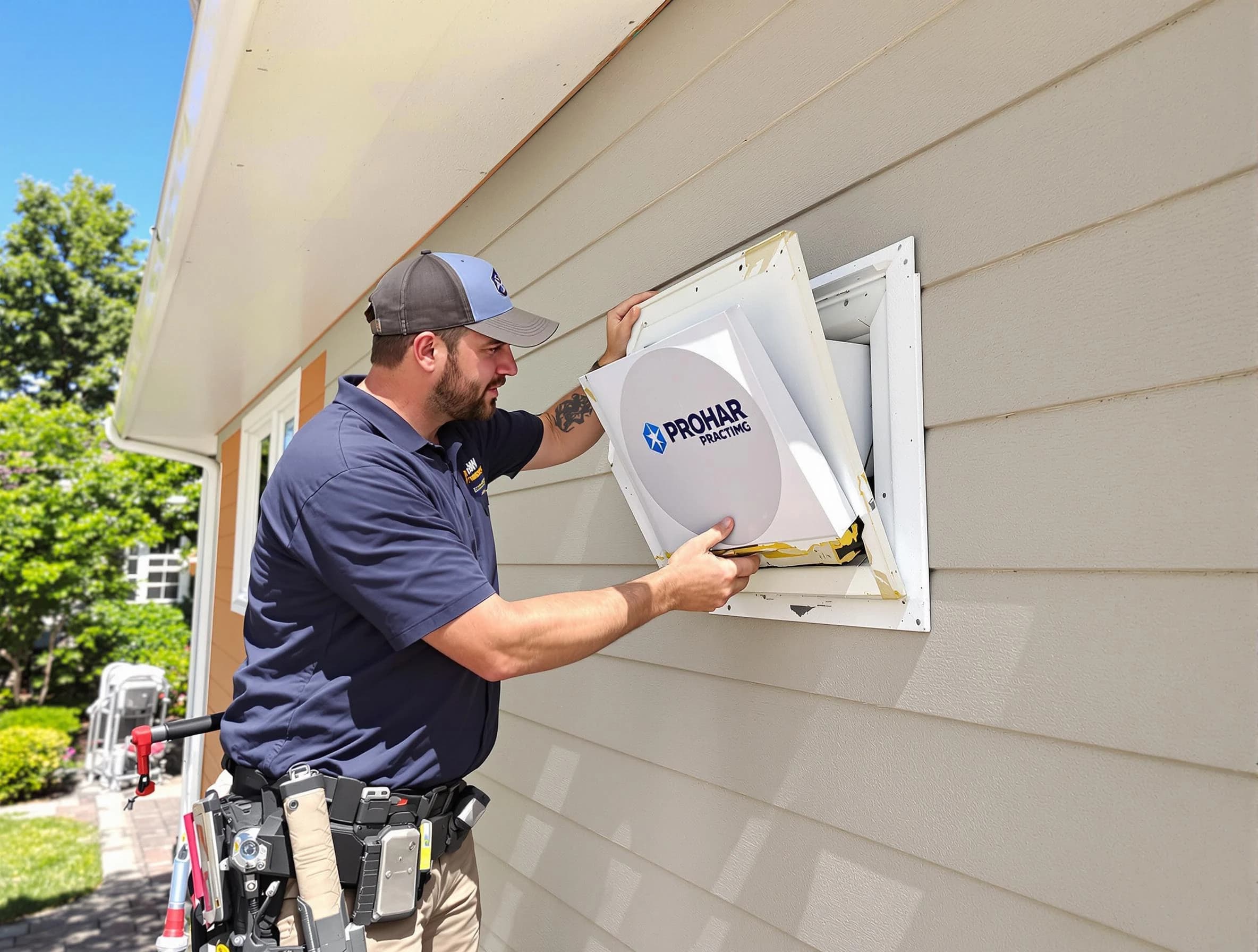 Warr Acres Dryer Vent Cleaning technician installing a new protective dryer vent cover on a home in Warr Acres