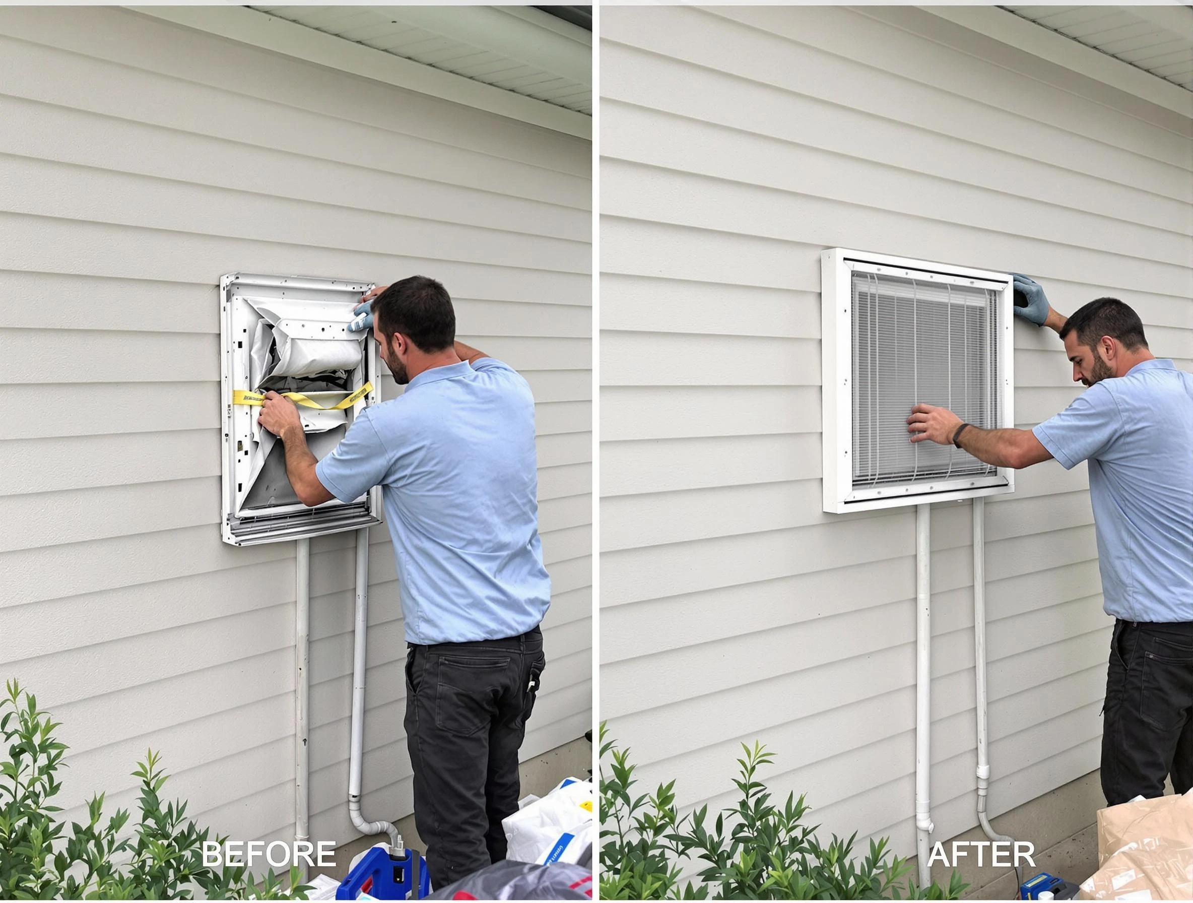 Warr Acres Dryer Vent Cleaning technician installing high-quality dryer vent cover at a residential property in Warr Acres
